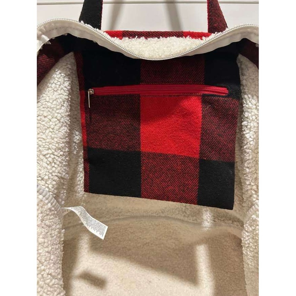 Old Navy Red Black Buffalo Plaid Sherpa Lined Tote Bag Zipper Closure Large - Picture 5 of 9